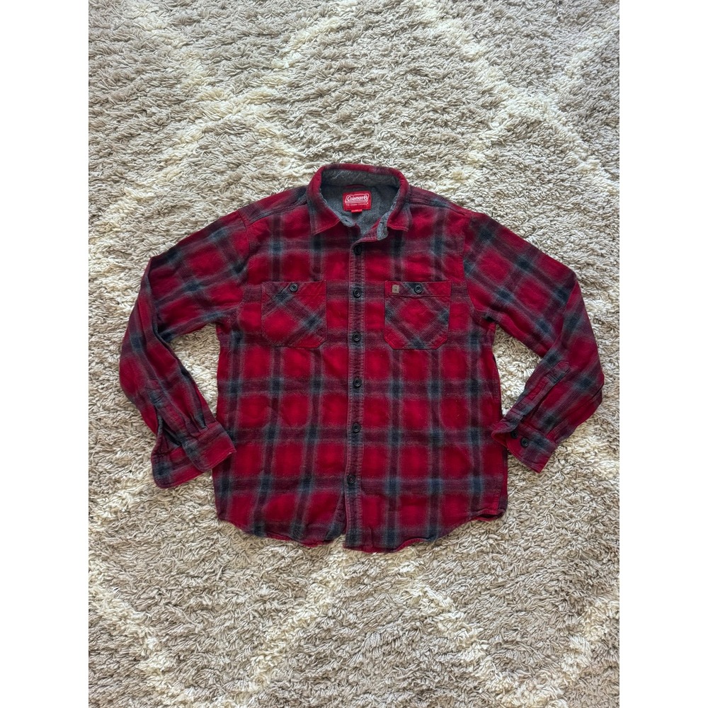 Coleman Mens Red Black Plaid‎ Flannel Button Down Shirt Fleece Lined Size M